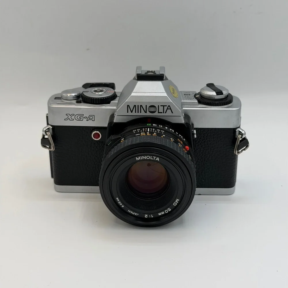 Minolta XG-A 35mm SLR Film Camera with MD 50mm 1:2 Lens Case and Manuals Parts